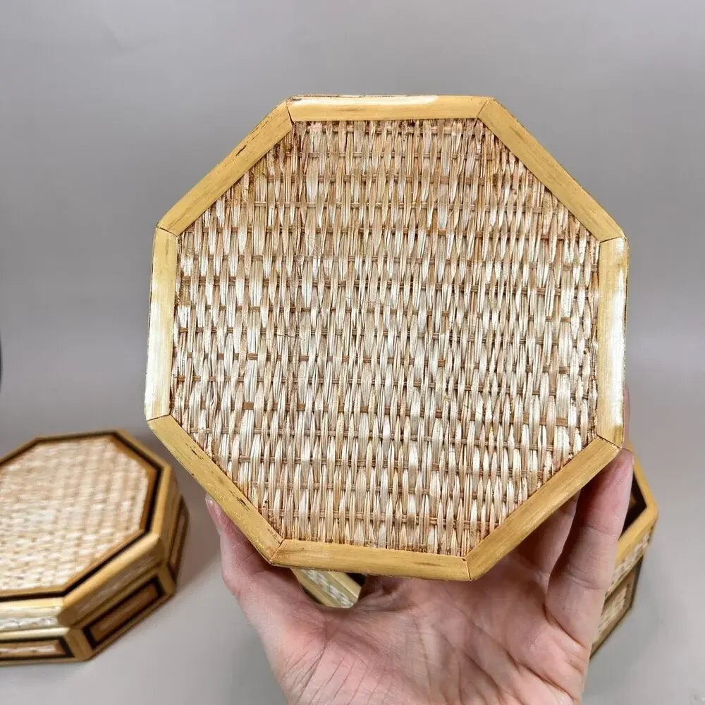 Vintage Bamboo Wicker Hexagon 3 Nesting Jewelry Trinket Boxes- EUC